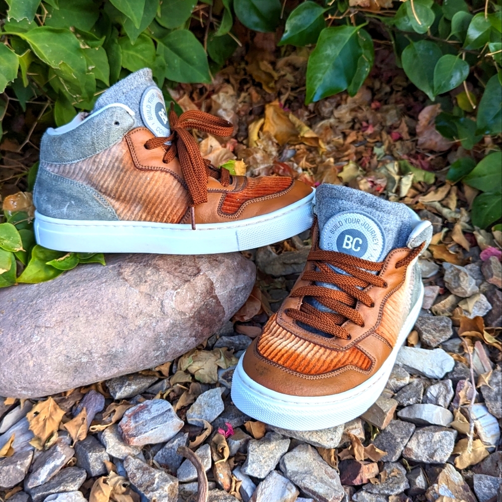 BRUNELLO CUCINELLI Children Shoe 31 Corduroy Zip Sneakers Brown Blue White 13.5